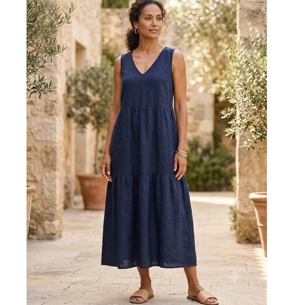 Sauths May Navy Blue 100% Linen Tiered Maxi Dress Sleeveless‎ V-Neck XL